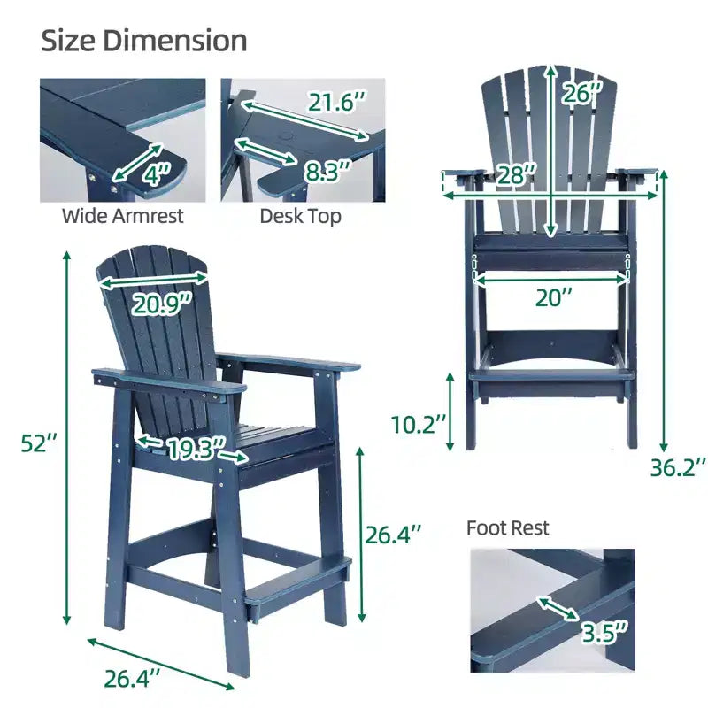 Aoodor Tall Adirondack Chairs Set of 2, HDPE Patio Bar Stool with Connecting Tray,All-Weather Balcony Chair