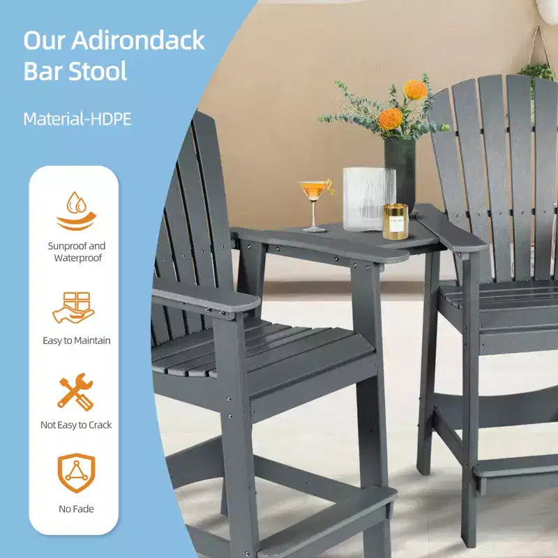 Aoodor Tall Adirondack Chairs Set of 2, HDPE Patio Bar Stool with Connecting Tray,All-Weather Balcony Chair