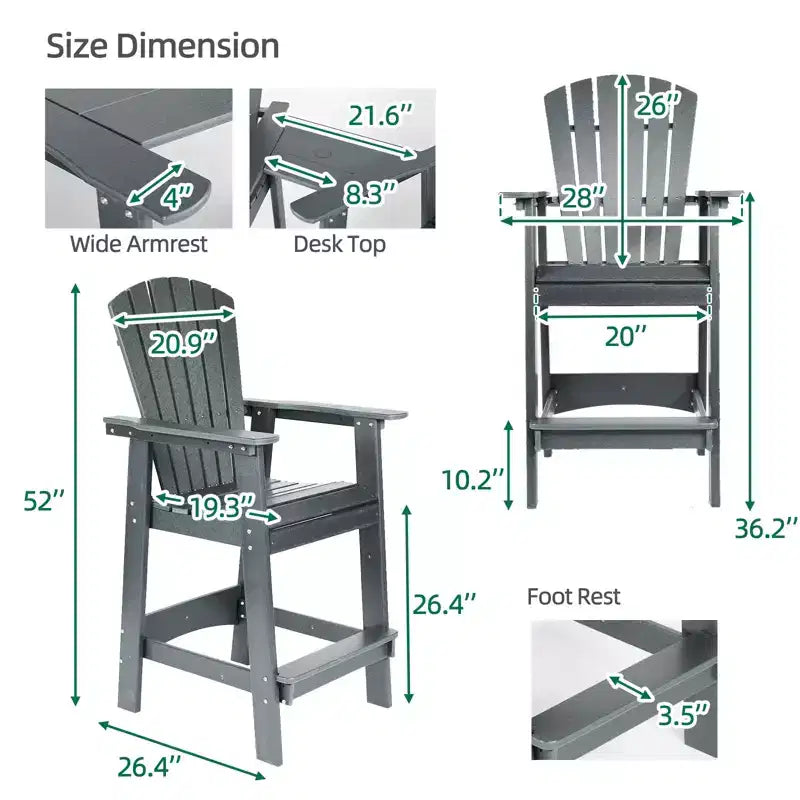 Aoodor Tall Adirondack Chairs Set of 2, HDPE Patio Bar Stool with Connecting Tray,All-Weather Balcony Chair