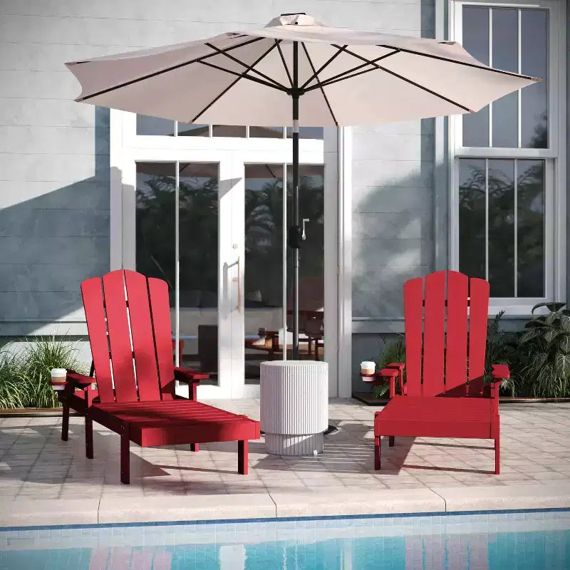 Emma and Oliver Set of 2 Recycled HDPE Adjustable Adirondack Loungers with Fold Out Cupholders for Indoor/Outdoor Use