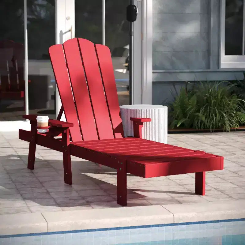 Emma and Oliver Set of 2 Recycled HDPE Adjustable Adirondack Loungers with Fold Out Cupholders for Indoor/Outdoor Use