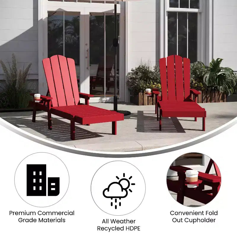 Emma and Oliver Set of 2 Recycled HDPE Adjustable Adirondack Loungers with Fold Out Cupholders for Indoor/Outdoor Use
