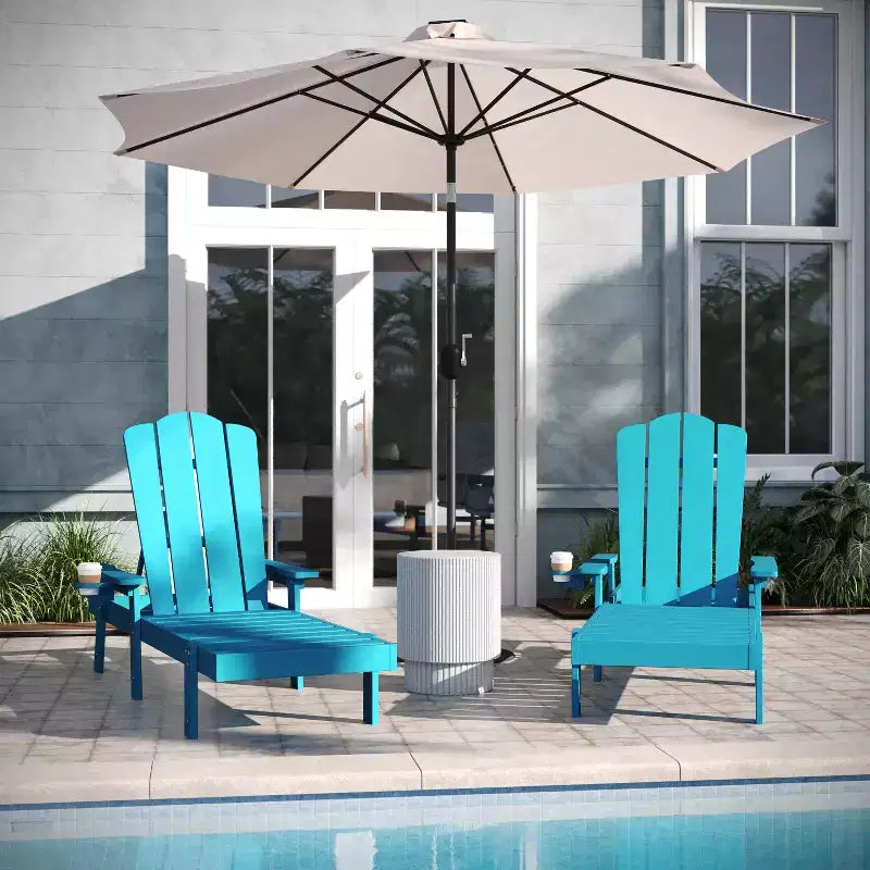Emma and Oliver Set of 2 Recycled HDPE Adjustable Adirondack Loungers with Fold Out Cupholders for Indoor/Outdoor Use