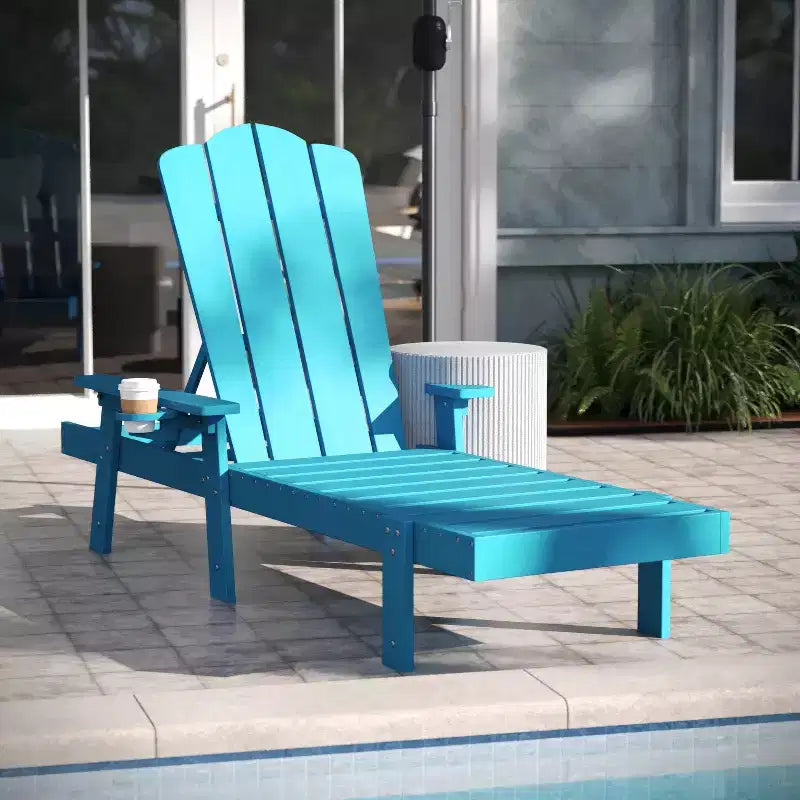 Emma and Oliver Set of 2 Recycled HDPE Adjustable Adirondack Loungers with Fold Out Cupholders for Indoor/Outdoor Use