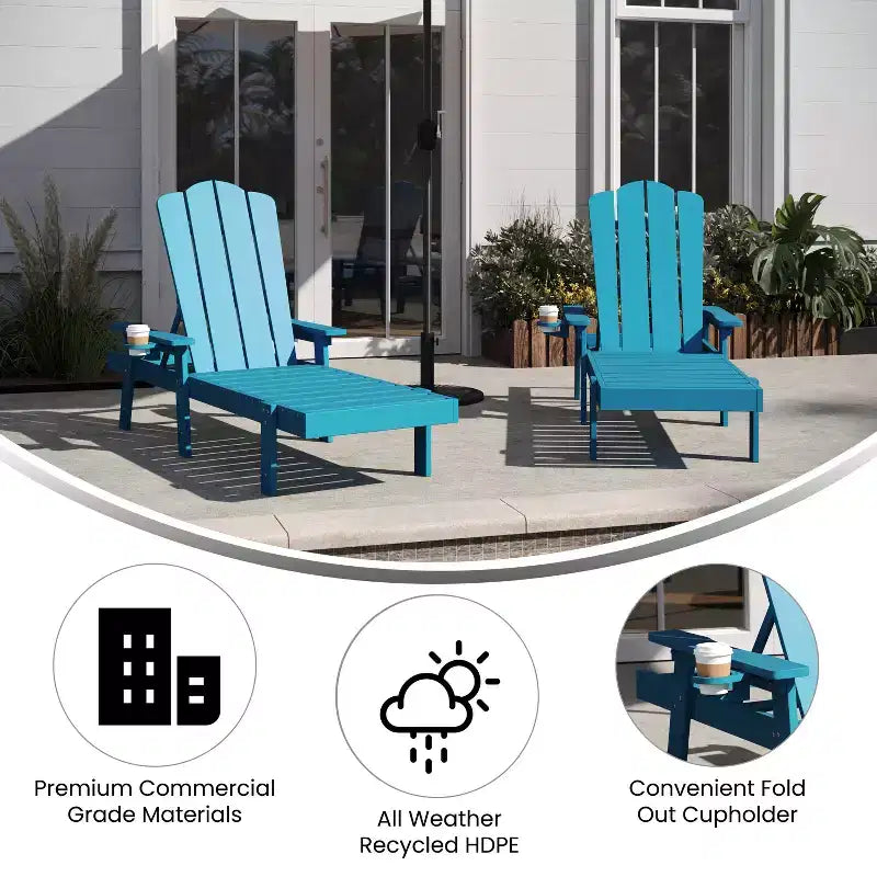 Emma and Oliver Set of 2 Recycled HDPE Adjustable Adirondack Loungers with Fold Out Cupholders for Indoor/Outdoor Use