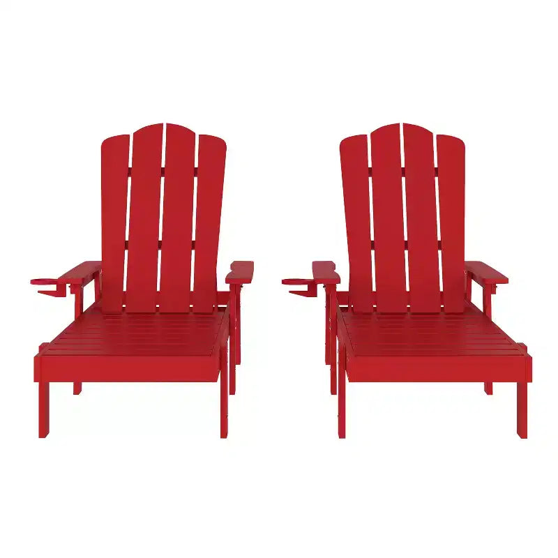 Emma and Oliver Set of 2 Recycled HDPE Adjustable Adirondack Loungers with Fold Out Cupholders for Indoor/Outdoor Use