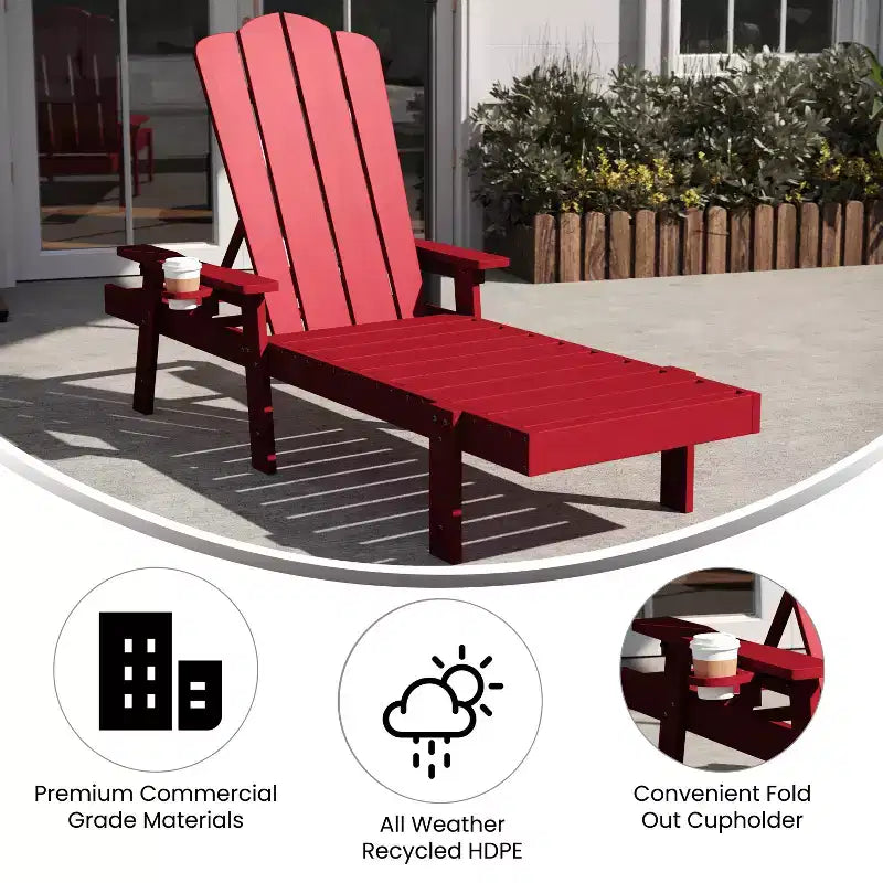 Emma and Oliver Recycled HDPE Adjustable Adirondack Lounger with Fold Out Cupholder for Indoor/Outdoor Use