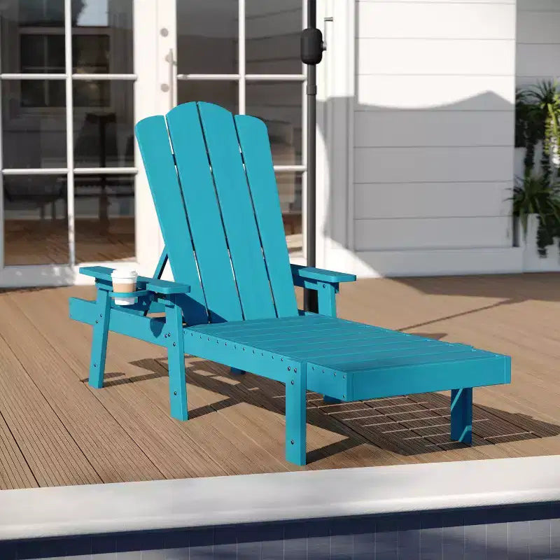 Merrick Lane Indoor/Outdoor Adjustable Adirondack Lounger with Fold Out Cupholder- Recycled All-Weather Indoor/Outdoor HDPE Lounge Chair