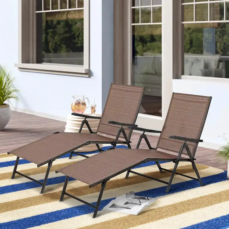 Chaise longue de jardin pliante réglable 5 positions en métal, transat de piscine et de plage pour extérieur – Marron
