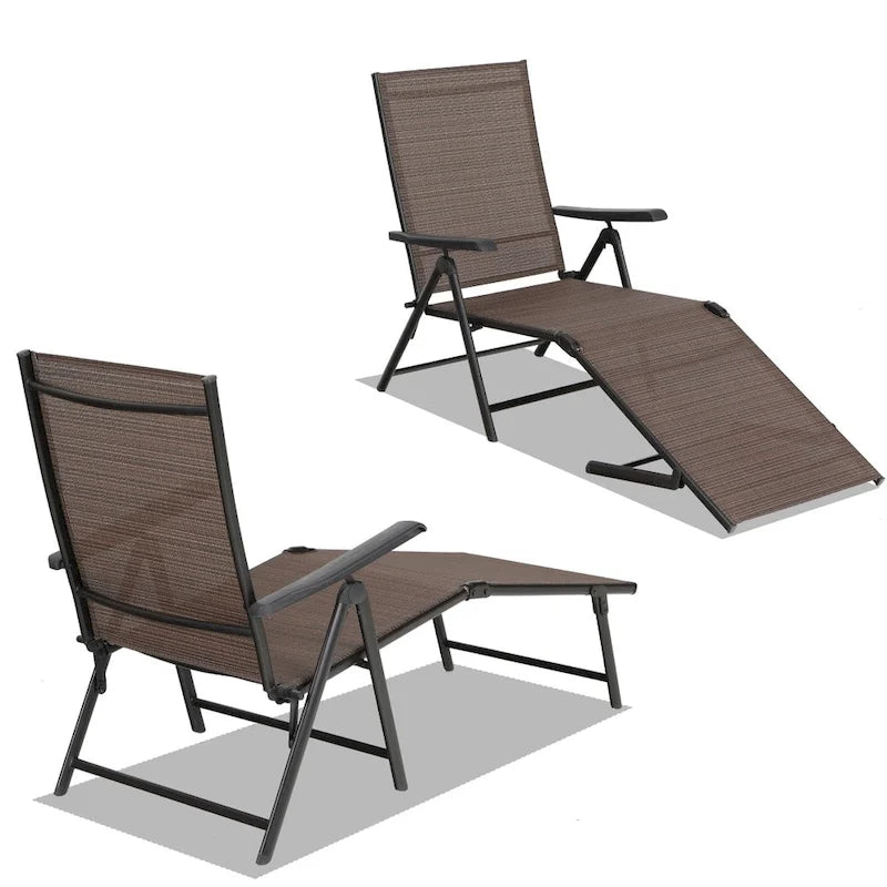 Chaise longue de jardin pliante réglable 5 positions en métal, transat de piscine et de plage pour extérieur – Marron