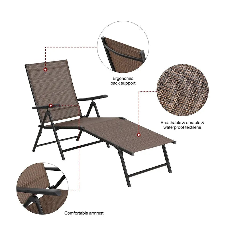 Chaise longue de jardin pliante réglable 5 positions en métal, transat de piscine et de plage pour extérieur – Marron