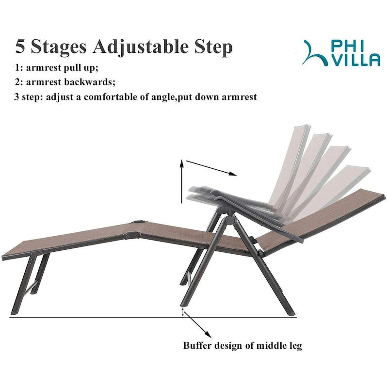 Chaise longue de jardin pliante réglable 5 positions en métal, transat de piscine et de plage pour extérieur – Marron