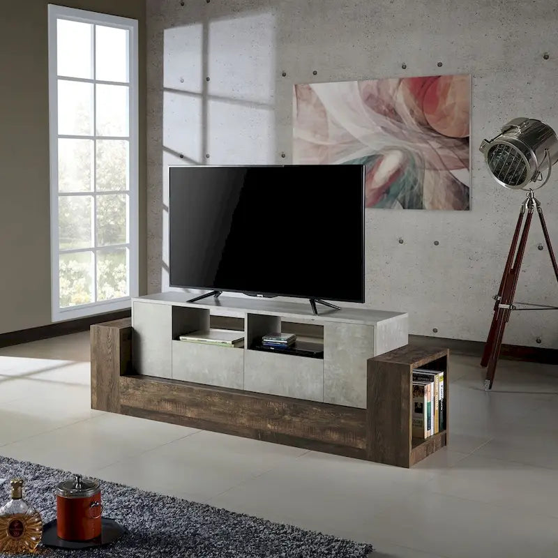 Meuble TV industriel Geso en chêne et gris clair avec 4 étagères de 180 cm par Furniture of America