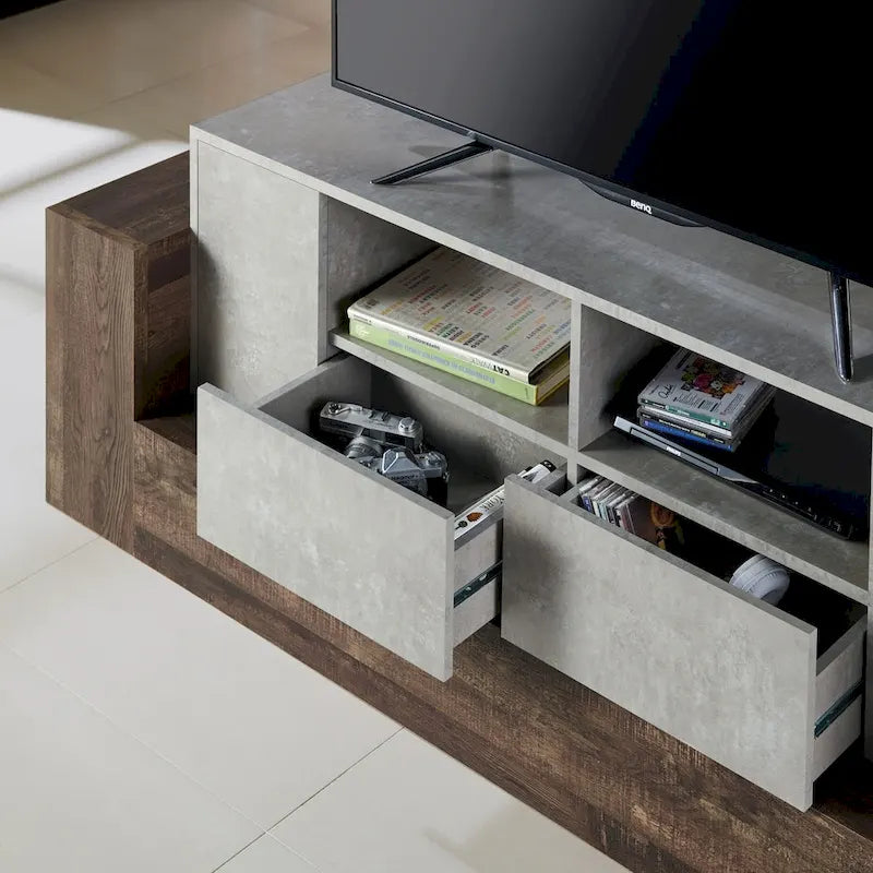 Meuble TV industriel Geso en chêne et gris clair avec 4 étagères de 180 cm par Furniture of America