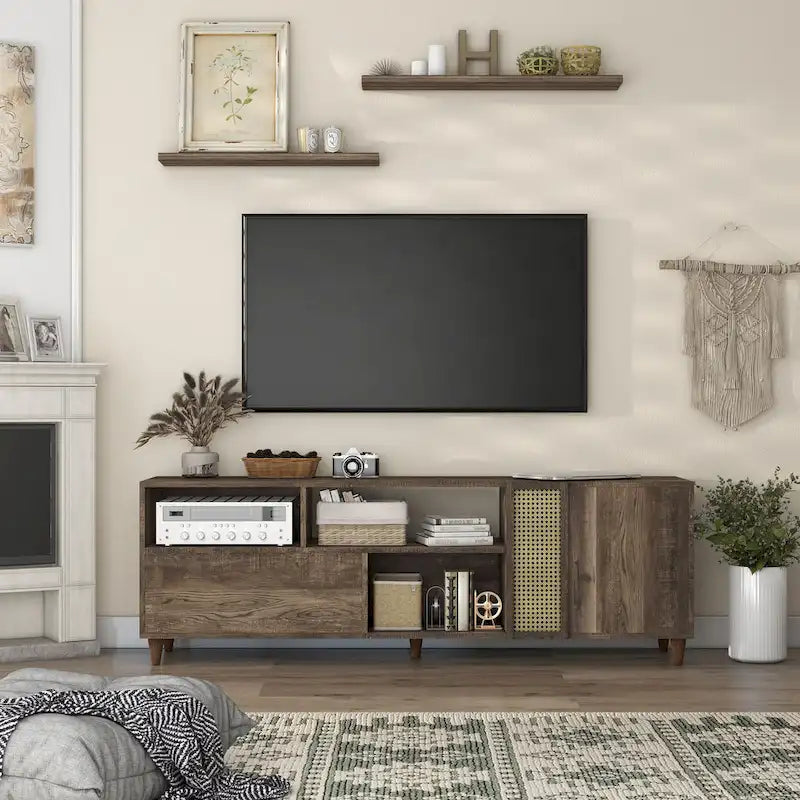 Meuble TV de 70 po Santee Mid-Century Modern avec tiroir, par Furniture of America