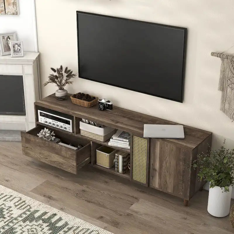 Meuble TV de 70 po Santee Mid-Century Modern avec tiroir, par Furniture of America
