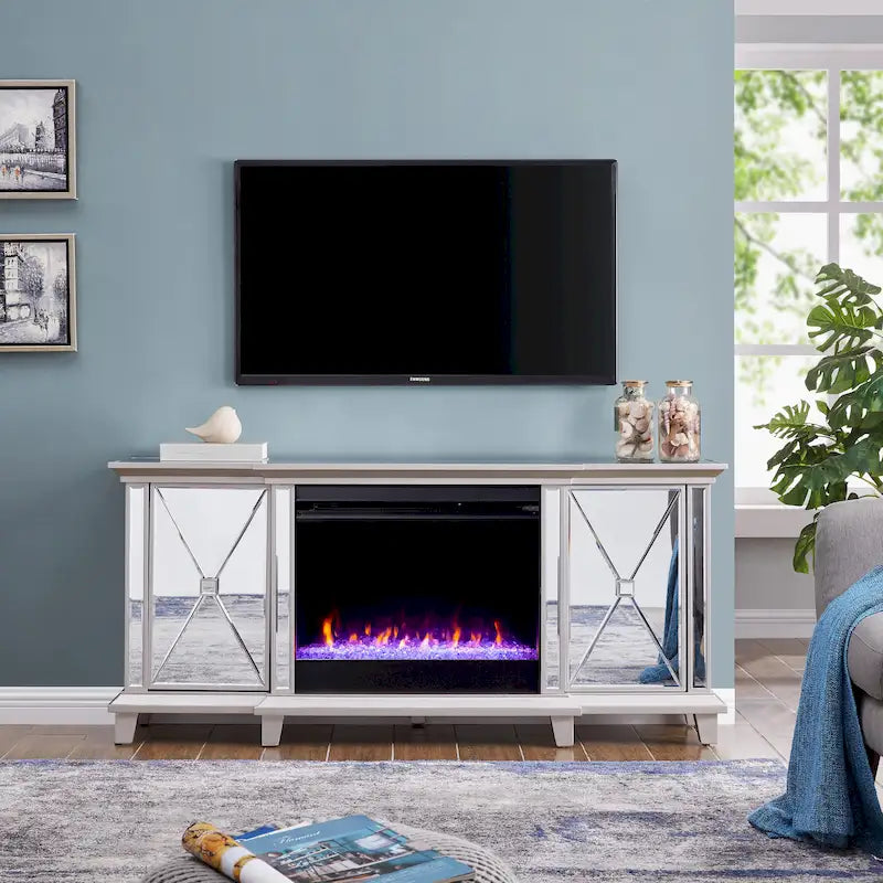 Meuble TV multimédia miroir avec insert de cheminée à changement de couleur pour téléviseurs jusqu'à 62 pouces SEI Furniture