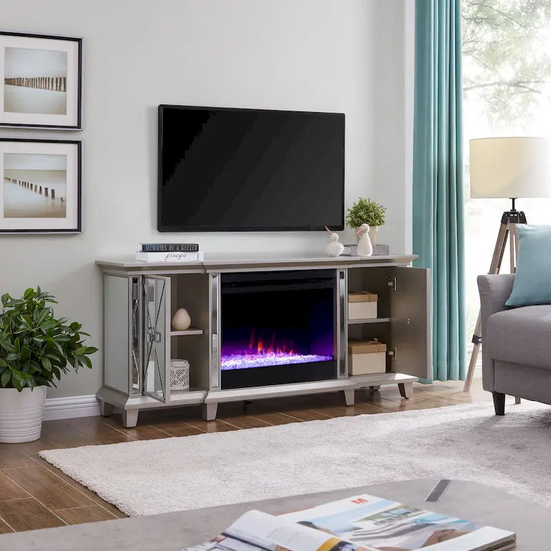Meuble TV multimédia miroir avec insert de cheminée à changement de couleur pour téléviseurs jusqu'à 62 pouces SEI Furniture