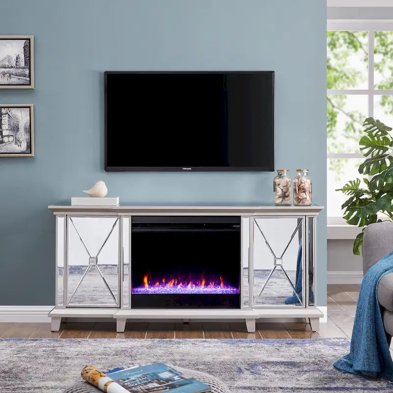 Meuble TV multimédia miroir avec insert de cheminée à changement de couleur pour téléviseurs jusqu'à 62 pouces SEI Furniture