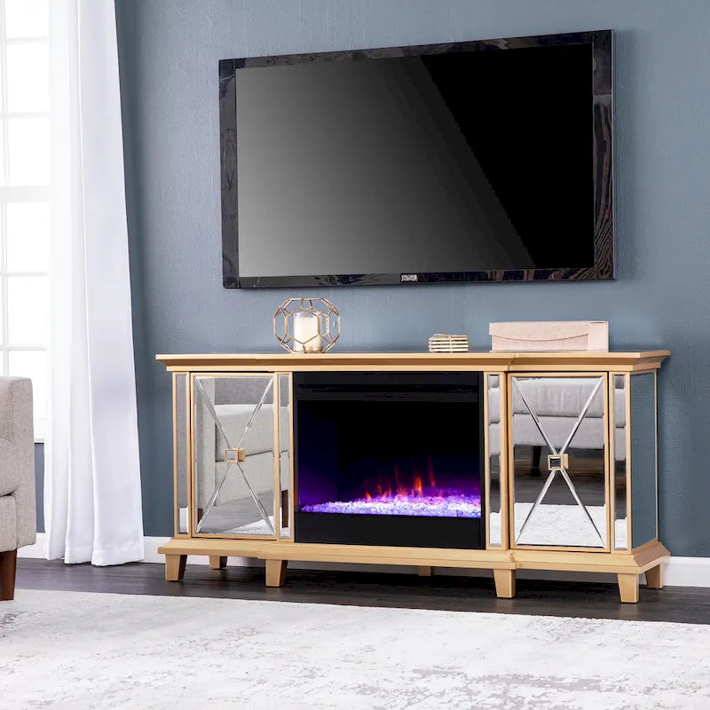 Meuble TV multimédia miroir avec insert de cheminée à changement de couleur pour téléviseurs jusqu'à 62 pouces SEI Furniture