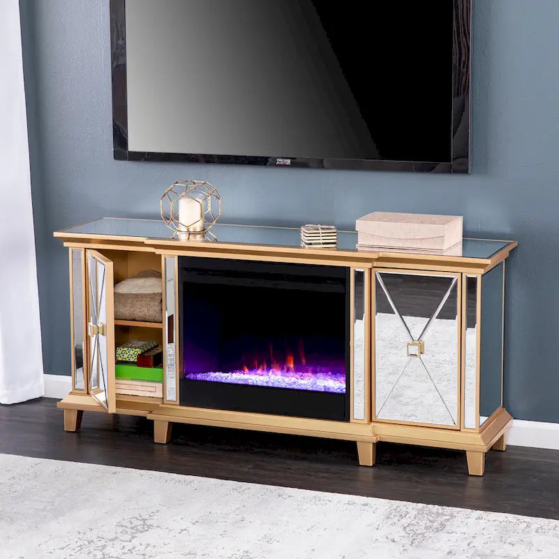 Meuble TV multimédia miroir avec insert de cheminée à changement de couleur pour téléviseurs jusqu'à 62 pouces SEI Furniture
