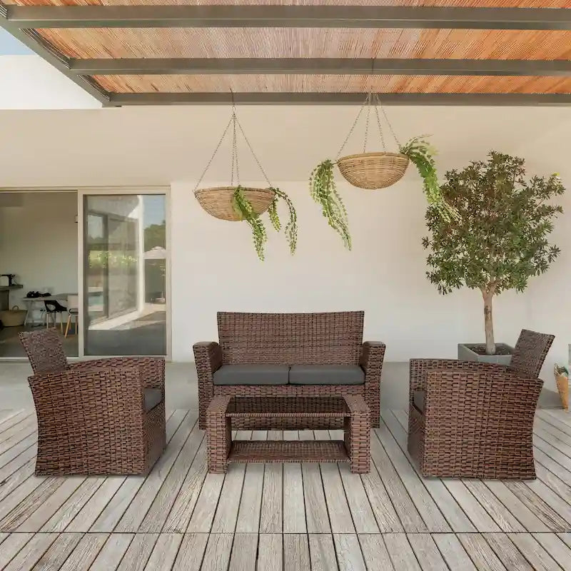 Grandview Outdoor – Ensemble de conversation de patio 4 pièces brun avec coussins