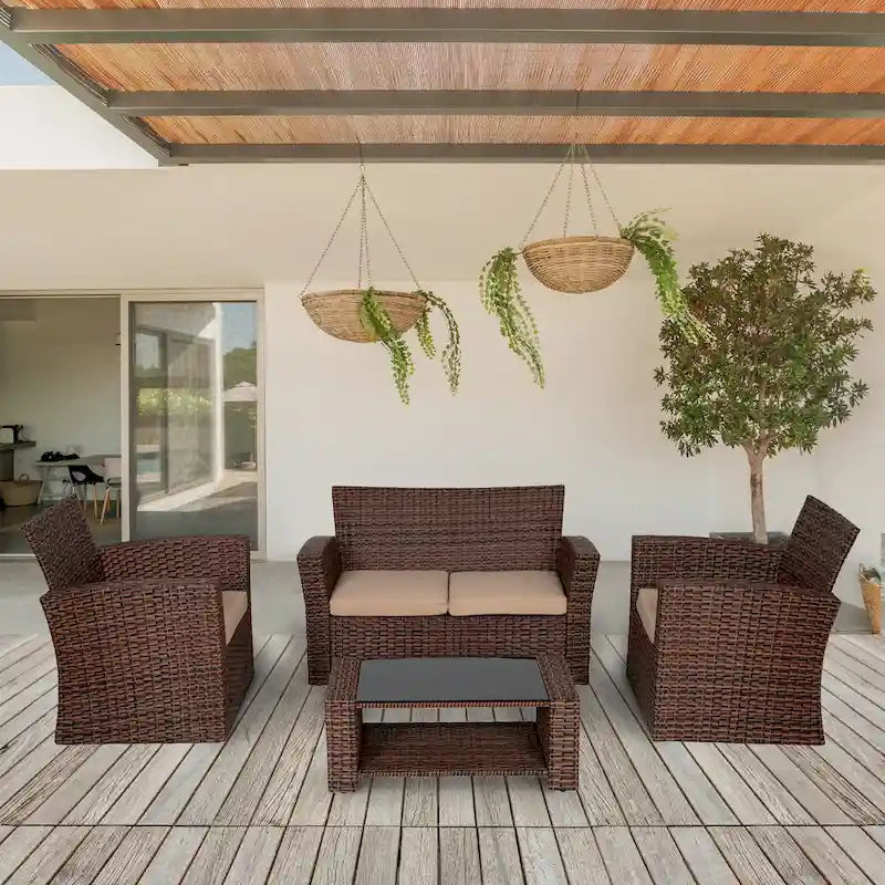 Grandview Outdoor – Ensemble de conversation de patio 4 pièces brun avec coussins