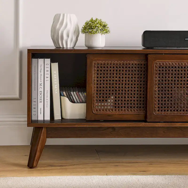 Walnut Color Wood TV Stand Mid-century Modern Rattan Sliding Doors - 15.75 x 59.00 x 19.63