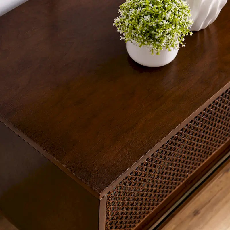 Walnut Color Wood TV Stand Mid-century Modern Rattan Sliding Doors - 15.75 x 59.00 x 19.63