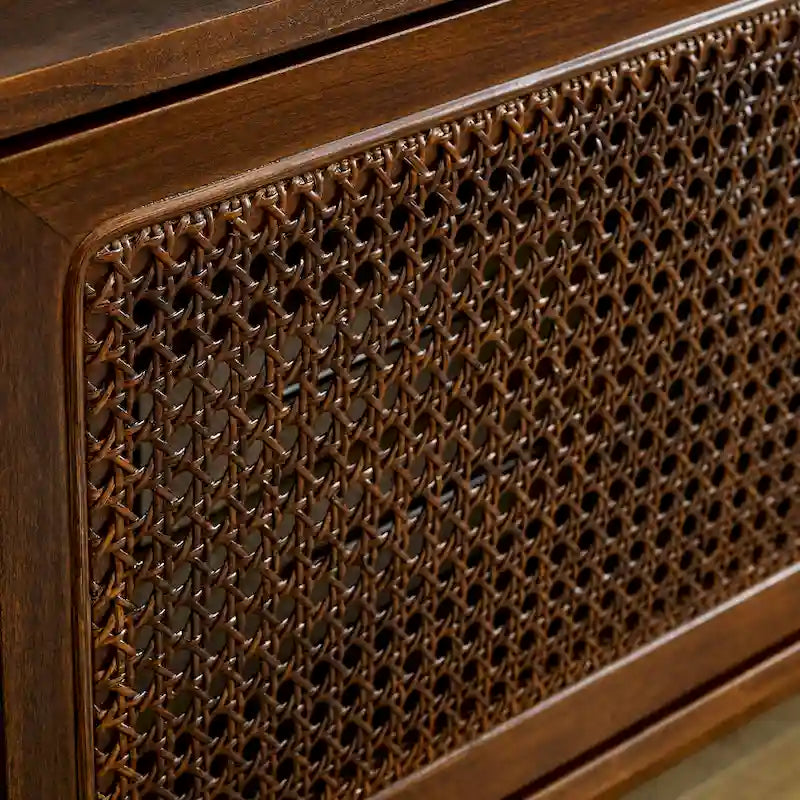 Walnut Color Wood TV Stand Mid-century Modern Rattan Sliding Doors - 15.75 x 59.00 x 19.63