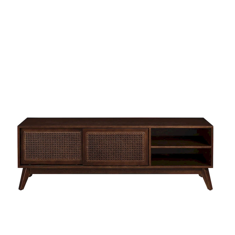 Walnut Color Wood TV Stand Mid-century Modern Rattan Sliding Doors - 15.75 x 59.00 x 19.63