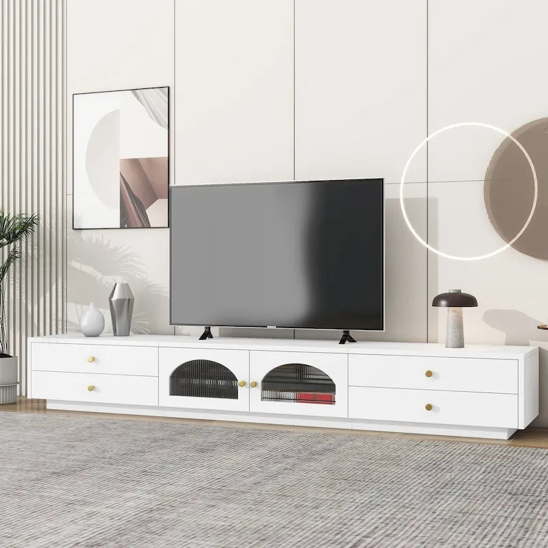 Meuble TV de luxe de 86 pouces, console média avec portes en verre cannelé et quatre tiroirs - 15,70 x 86,60 x 12,80