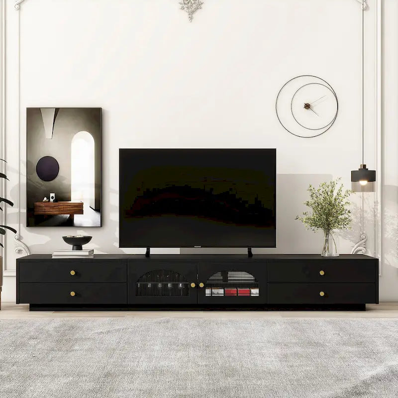 Meuble TV de luxe de 86 pouces, console média avec portes en verre cannelé et quatre tiroirs - 15,70 x 86,60 x 12,80
