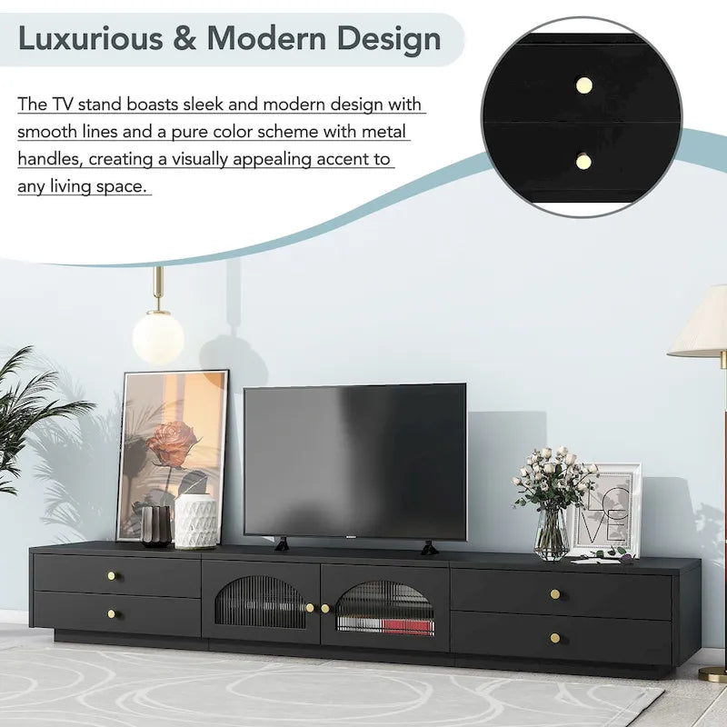 Meuble TV de luxe de 86 pouces, console média avec portes en verre cannelé et quatre tiroirs - 15,70 x 86,60 x 12,80