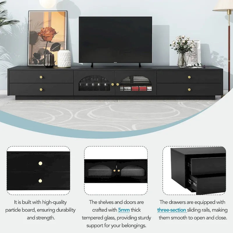 Meuble TV de luxe de 86 pouces, console média avec portes en verre cannelé et quatre tiroirs - 15,70 x 86,60 x 12,80
