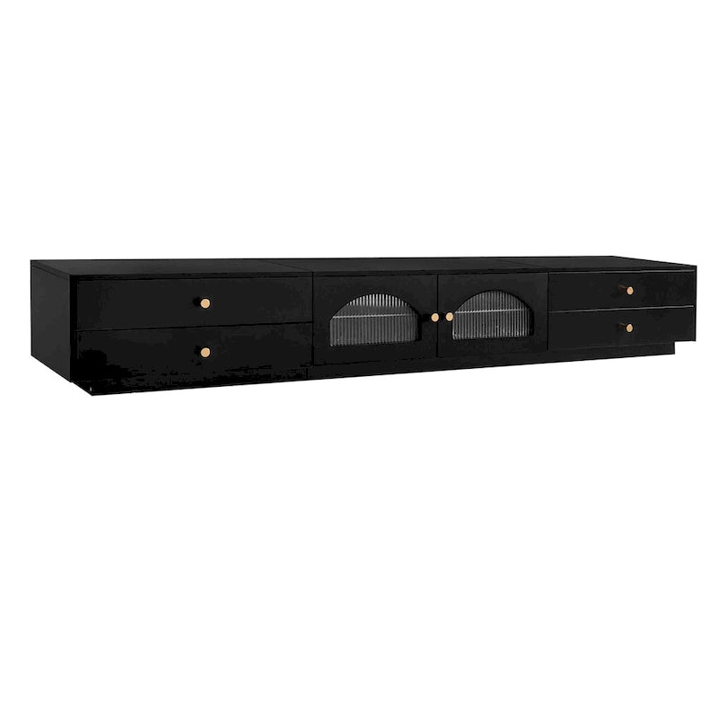 Meuble TV de luxe de 86 pouces, console média avec portes en verre cannelé et quatre tiroirs - 15,70 x 86,60 x 12,80
