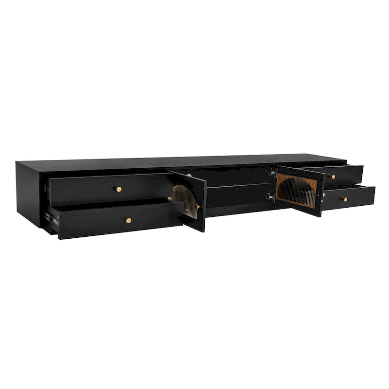 Meuble TV de luxe de 86 pouces, console média avec portes en verre cannelé et quatre tiroirs - 15,70 x 86,60 x 12,80