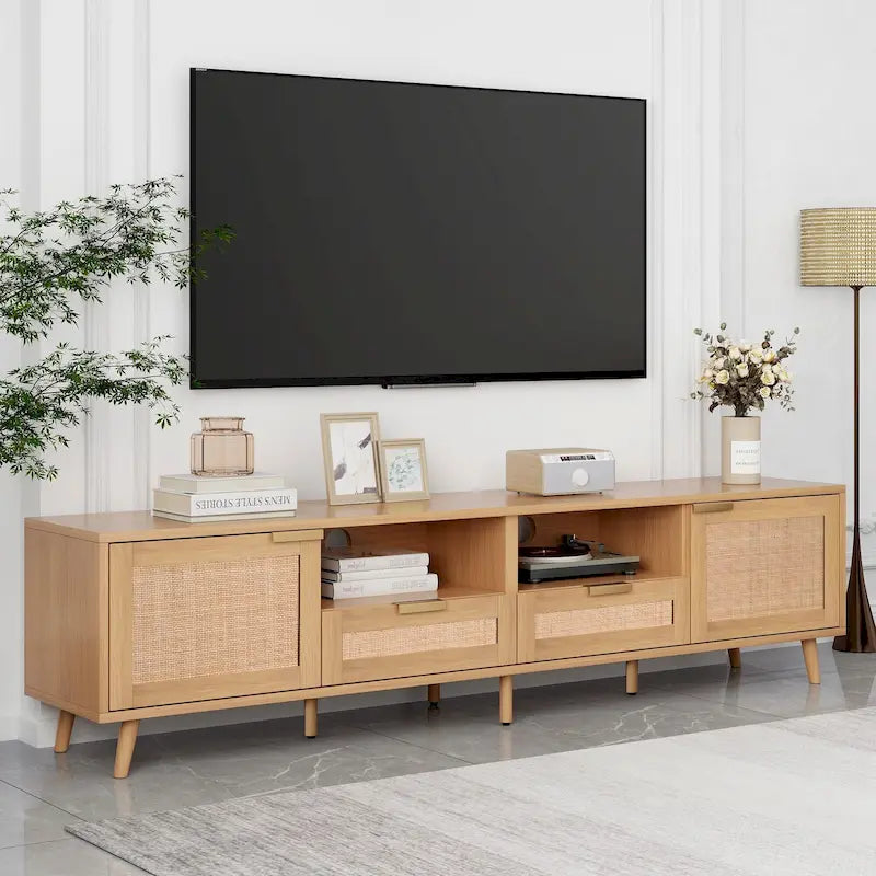 Meuble TV en bois et rotin, rangement de ferme moderne pour téléviseur de 85 pouces - 14.60 x 78.74 x 18.90