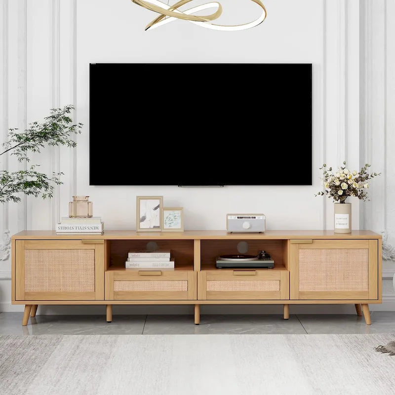 Meuble TV en bois et rotin, rangement de ferme moderne pour téléviseur de 85 pouces - 14.60 x 78.74 x 18.90