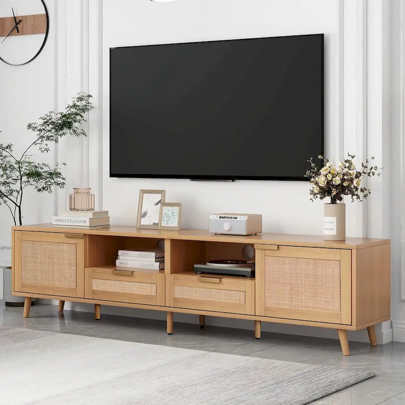 Meuble TV en bois et rotin, rangement de ferme moderne pour téléviseur de 85 pouces - 14.60 x 78.74 x 18.90