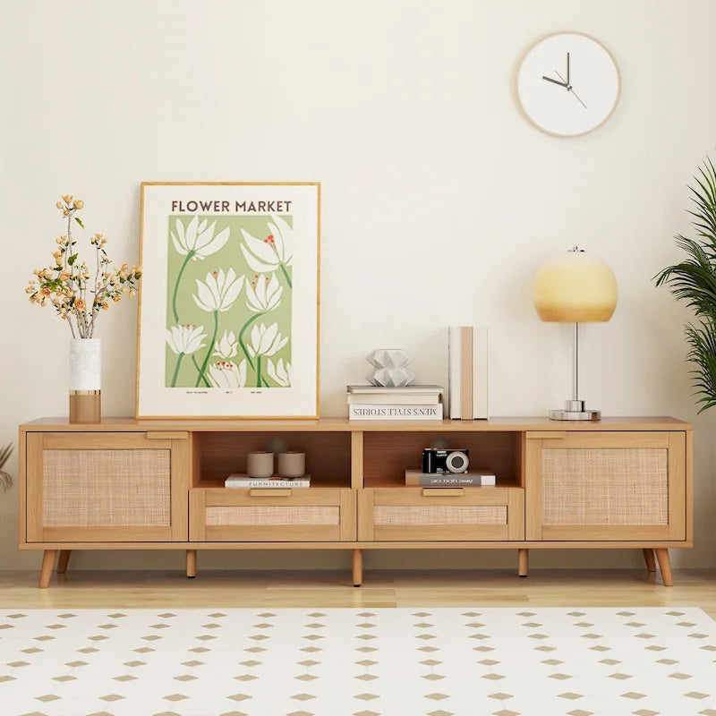 Meuble TV en bois et rotin, rangement de ferme moderne pour téléviseur de 85 pouces - 14.60 x 78.74 x 18.90