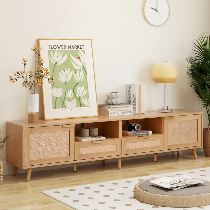 Meuble TV en bois et rotin, rangement de ferme moderne pour téléviseur de 85 pouces - 14.60 x 78.74 x 18.90
