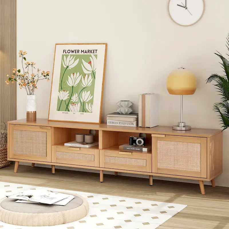 Meuble TV en bois et rotin, rangement de ferme moderne pour téléviseur de 85 pouces - 14.60 x 78.74 x 18.90