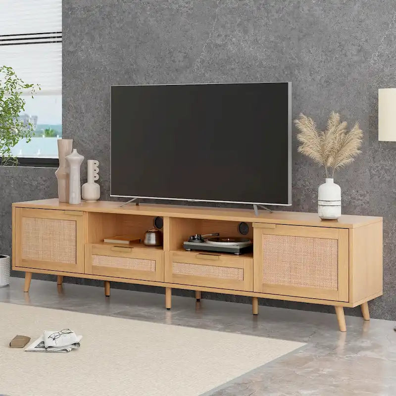 Meuble TV en bois et rotin, rangement de ferme moderne pour téléviseur de 85 pouces - 14.60 x 78.74 x 18.90