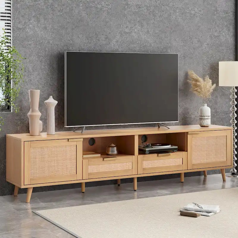 Meuble TV en bois et rotin, rangement de ferme moderne pour téléviseur de 85 pouces - 14.60 x 78.74 x 18.90