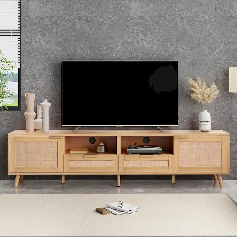 Meuble TV en bois et rotin, rangement de ferme moderne pour téléviseur de 85 pouces - 14.60 x 78.74 x 18.90