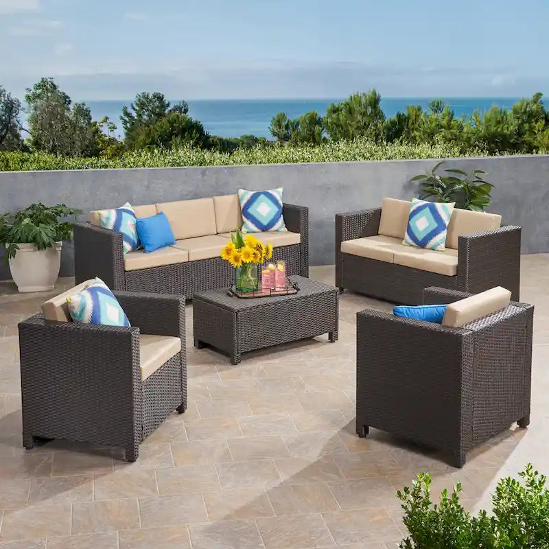 Ensemble de conversation en osier rembourré 7 places Puerta Outdoor par Christopher Knight Home