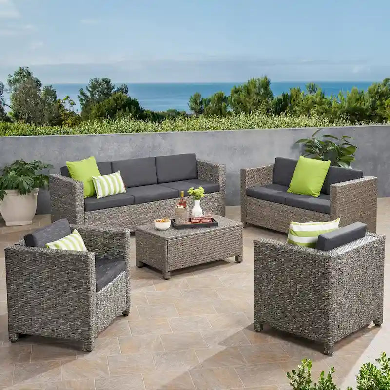 Ensemble de conversation en osier rembourré 7 places Puerta Outdoor par Christopher Knight Home