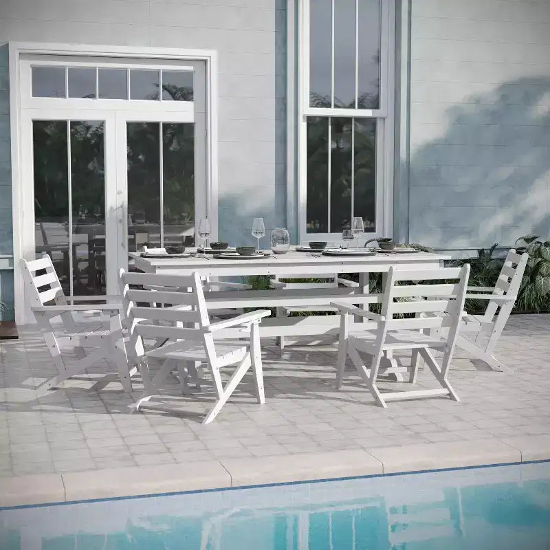 Ensemble de salle à manger Adirondack 7 pièces Emma et Oliver avec table rectangulaire d'intérieur/extérieur de 183 cm en PEHD recyclé et 6 chaises avec porte-gobelets