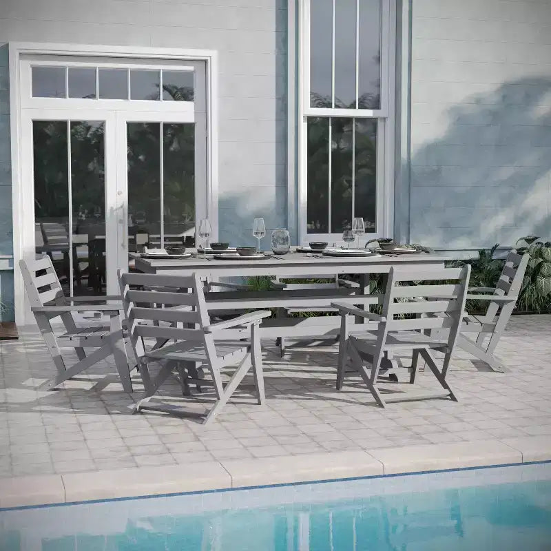 Ensemble de salle à manger Adirondack 7 pièces Emma et Oliver avec table rectangulaire d'intérieur/extérieur de 183 cm en PEHD recyclé et 6 chaises avec porte-gobelets